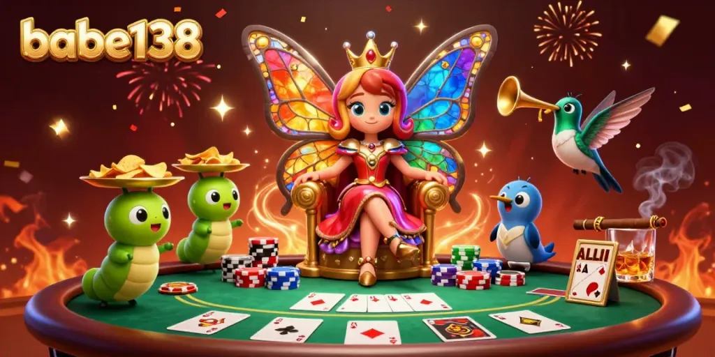 Ilustrasi 3D gambar karakter ratu kupu-kupu dan elemen permainan poker di dalam dunia babe138.