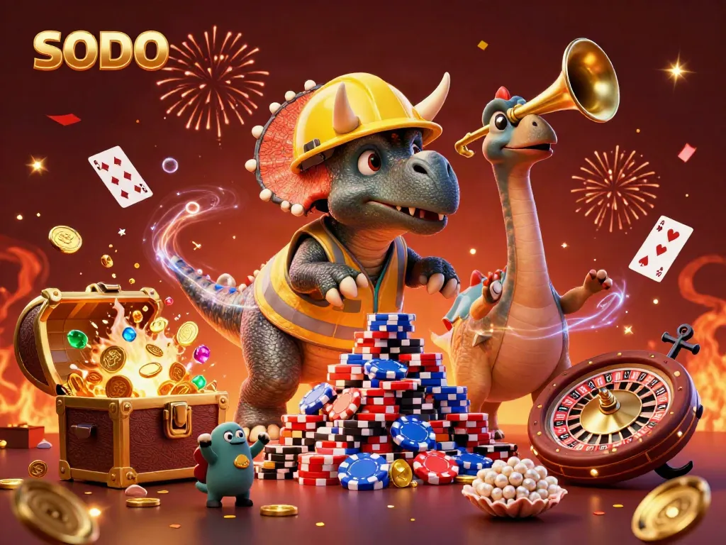 SODO casino-themed illustration depicting a triceratops building poker chip pyramid with party elements and a roulette wheel