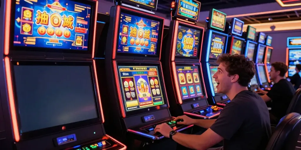 Pengguna menikmati permainan slot online di ruangan modern dengan layar penuh warna dan alat teknologi.