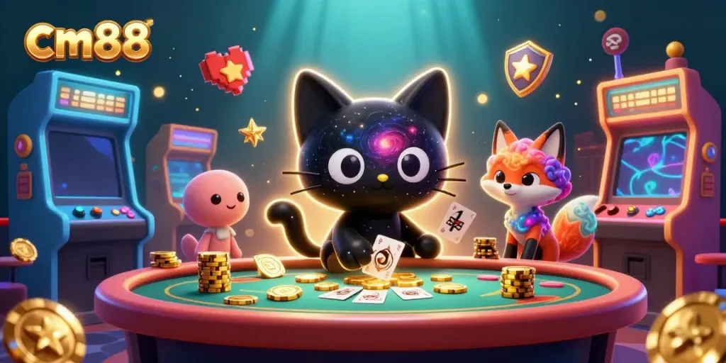 Engage in the thrilling world of cm88 casino, featuring a cosmic game with a black hole cat and vibrant arcade elements.
