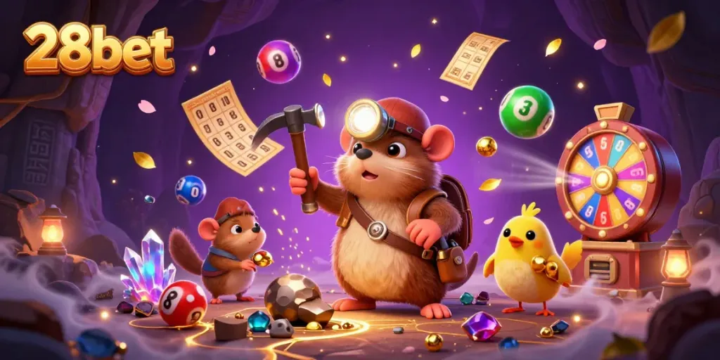 Experience the thrill of 28bet with colorful lottery elements and enchanting scenery.