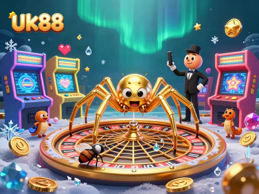 Bet on multiple games at uk88 with a cartoon spider and croupier in a vibrant casino setting.