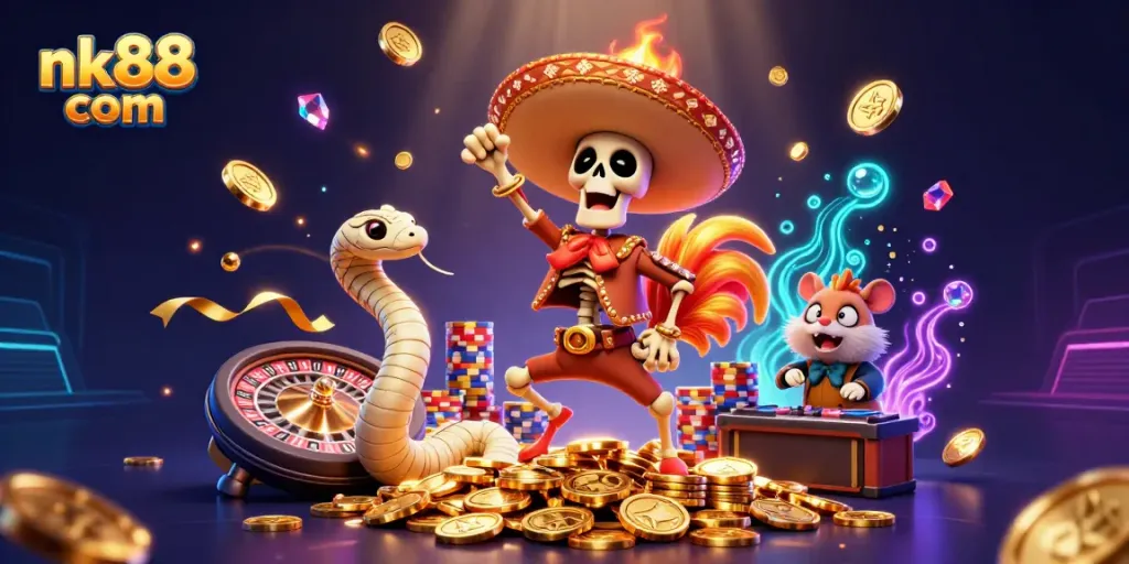 Experience thrilling wins at nk88 com with this vibrant and action-packed casino scene of party characters.