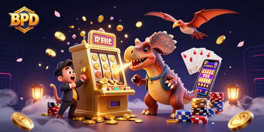 BPD-themed illustration showing a dinosaur hitting a slot machine as coins fly, capturing the excitement of gambling.