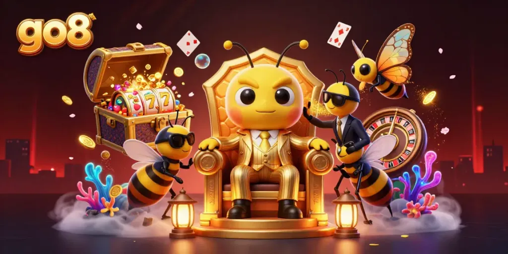 Experience the go8 casino thrills with a bumblebee mob boss amidst vibrant gambling elements.