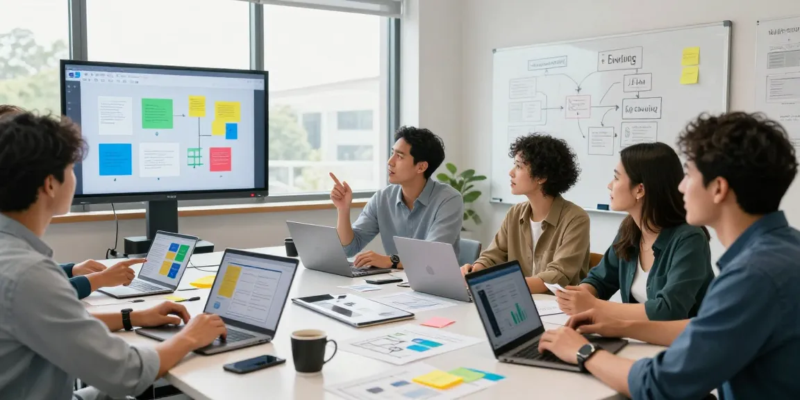 Build internal tools with AI: Team collaboration in a modern workspace, showcasing brainstorming and tool development.