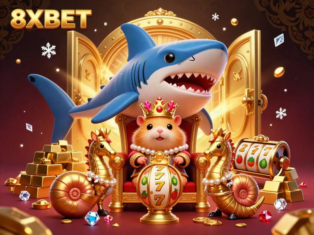 Engage with 8XBET’s vibrant casino experience, featuring a golden hamster king surrounded by slot elements and treasures.
