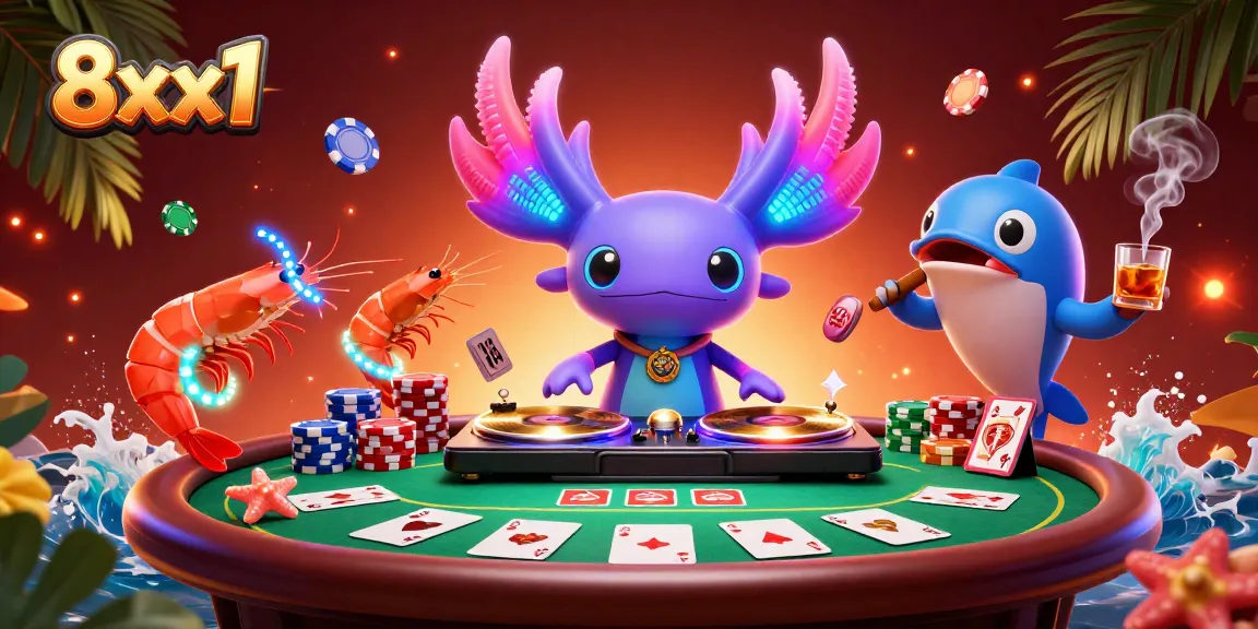 Experience the vibrant casino scene at 8xx1 with a neon axolotl DJ and lively poker action.