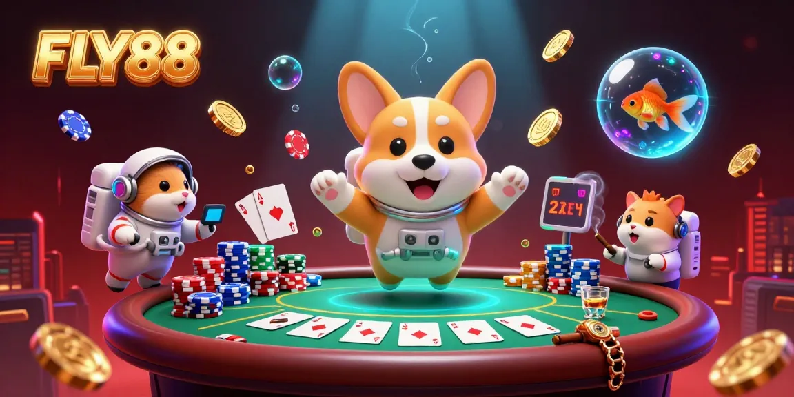 FLY88 casino adventure featuring a floating astronaut corgi and poker elements