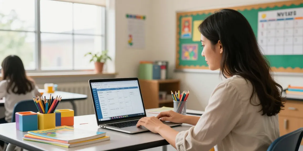 Teacher utilizing the EMStudio online teacher planner to organize lessons and classroom management activities amidst a vibrant educational environment.