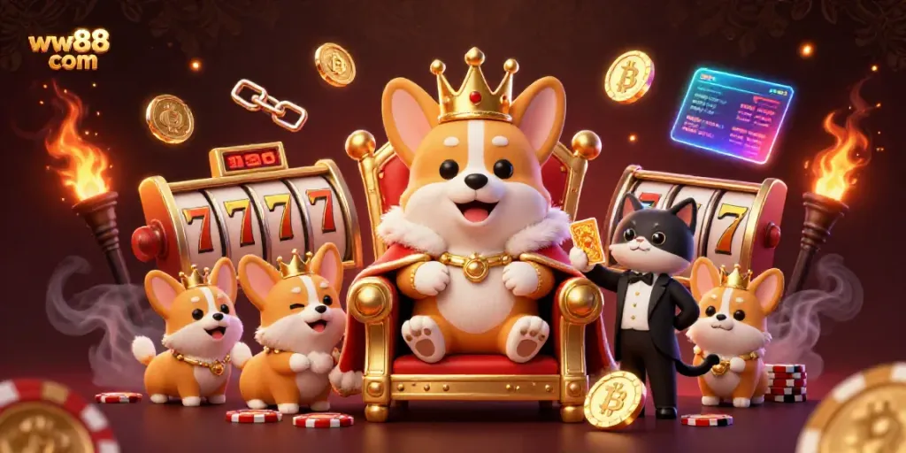 Experience the excitement at ww88 com with a royal corgi surrounded by vibrant casino-themed elements.