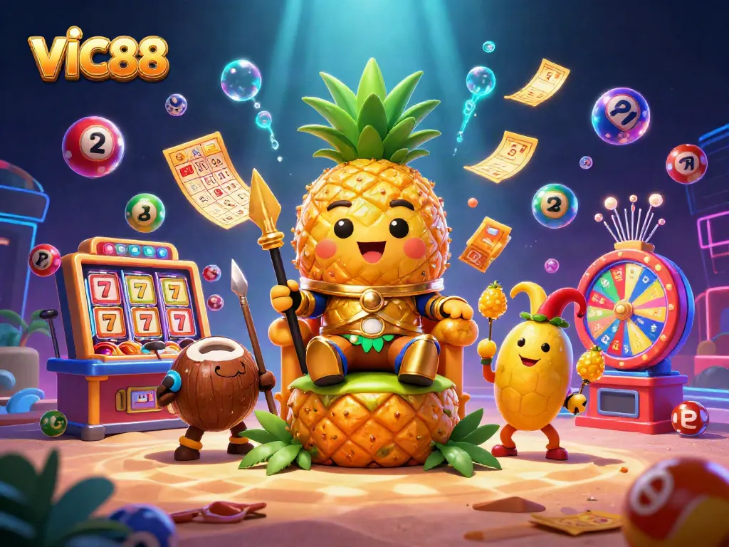 VIC88 casino illustration featuring a golden pineapple king, exciting lottery elements, and vibrant atmosphere.