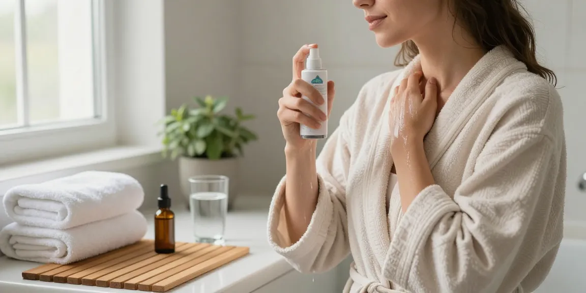Woman applying Magnesium Body Spray in a serene bathroom setting for wellness.
