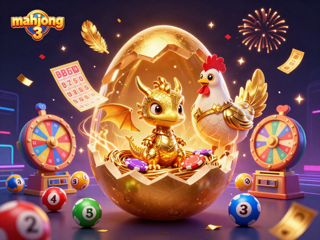 Play mahjong 3 with vibrant gaming experience illustrated by a golden baby dragon and poker chips.