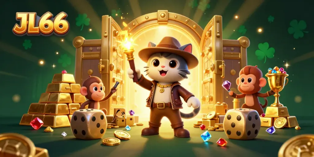 Experience the thrill of JL66 as an archaeologist cat discovers golden artifacts in a vibrant casino.