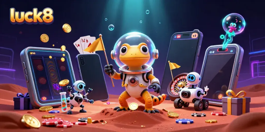 Experience excitement with luck8 as a gecko discovers a golden casino in a vibrant cosmic scene.