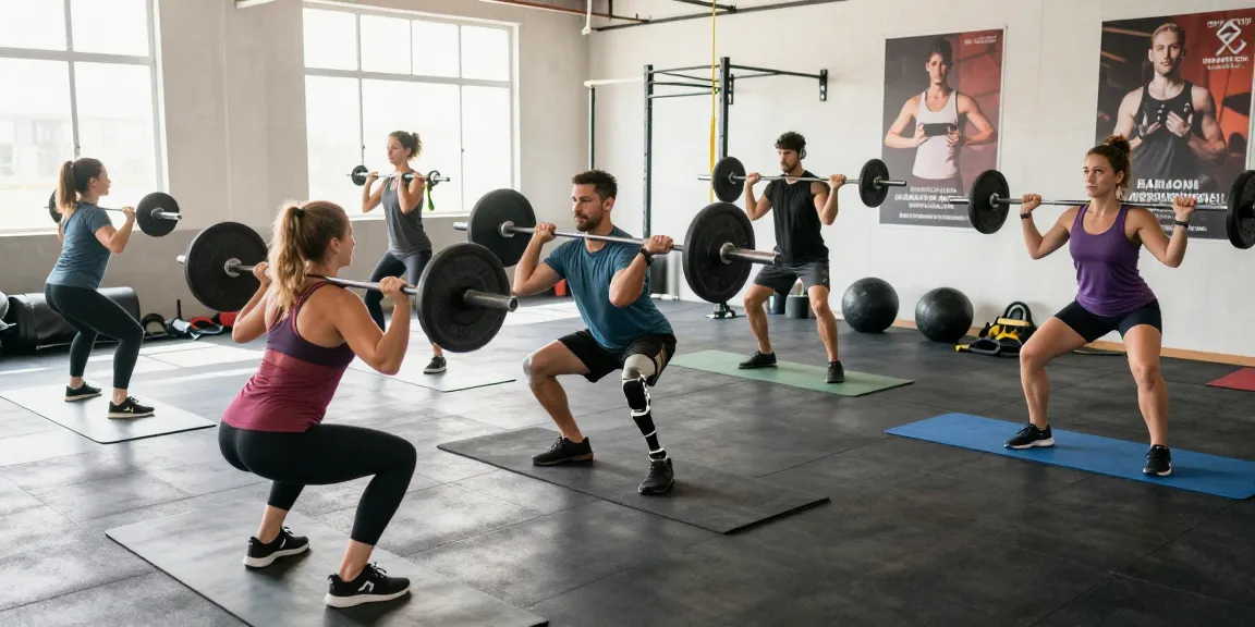 DRAGON222 fitness scene showing diverse amputees training together in an adaptive gym environment.