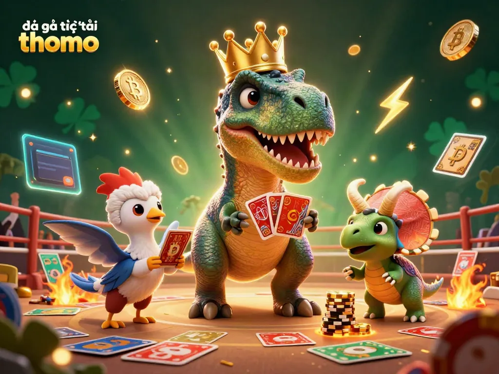 Experience excitement with đá gà trực tiếp thomo as cartoon dinosaurs engage in cockfighting fun amidst a vibrant betting scene.