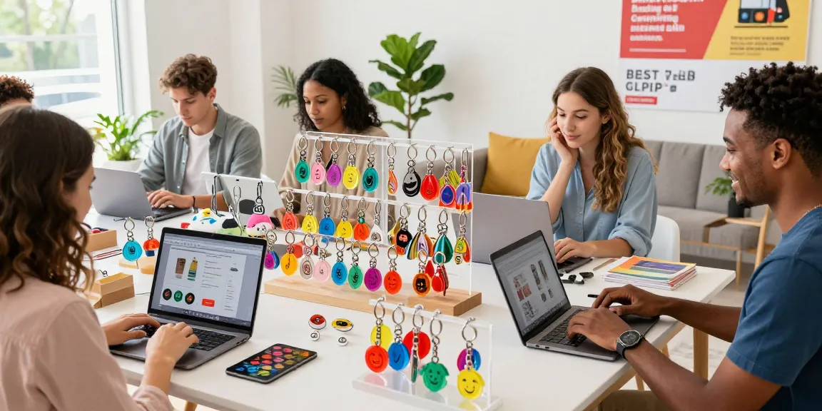 Custom keychains displayed in an inviting e-commerce retail space, showcasing diverse styles and vibrant colours.