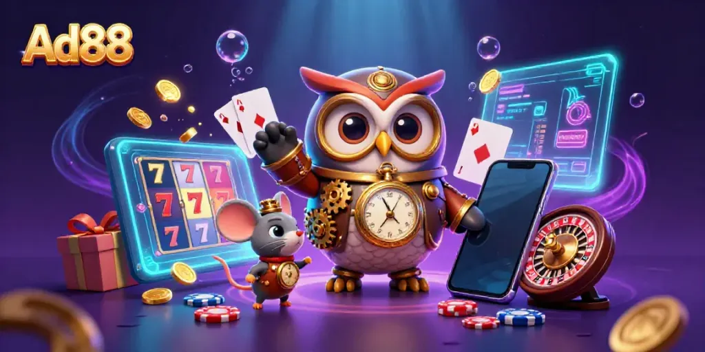 Ad88 offers thrilling casino experiences with a 3D owl character amidst vibrant slot games and casino elements.