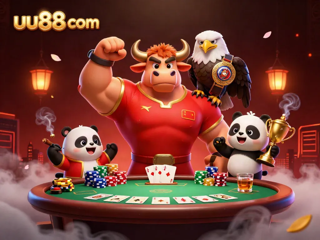 Engage with the thrilling atmosphere of uu88 com featuring cartoon characters embodying victory in a vibrant casino setting.