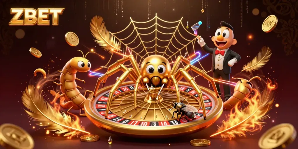 Experience thrilling betting at ZBET with a golden spider roulette web, vibrant casino elements, and a centipede croupier.