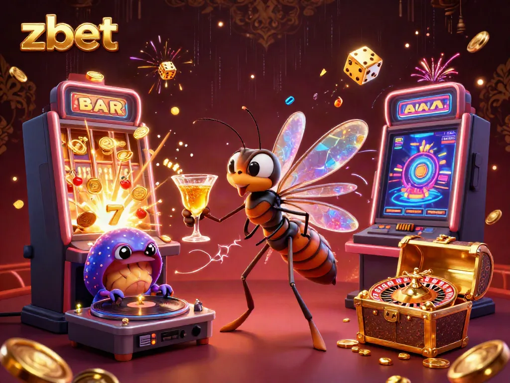Experience zbet's vibrant casino atmosphere with a lively frozen mosquito mascot and a trilobite DJ.