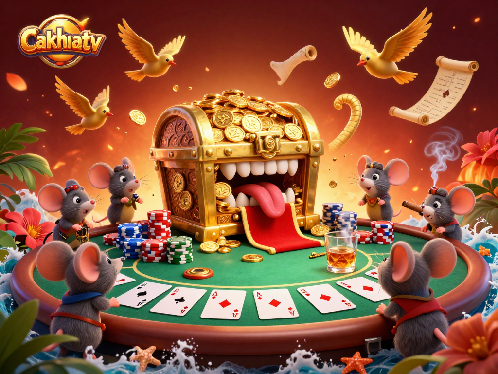 Cakhiatv showcases an adventurous scene with a golden treasure chest and poker elements enticing players to engage.