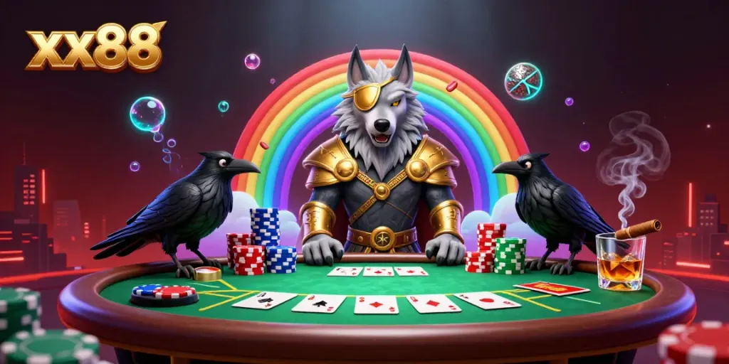 Experience the thrill of xx88 with a stunning poker scene featuring mythical characters and vibrant gaming elements.
