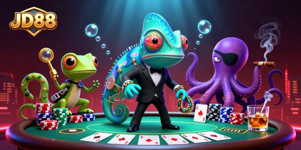 Engage with JD88's vibrant casino scene featuring a dynamic chameleon, gecko, and octopus amidst poker action.