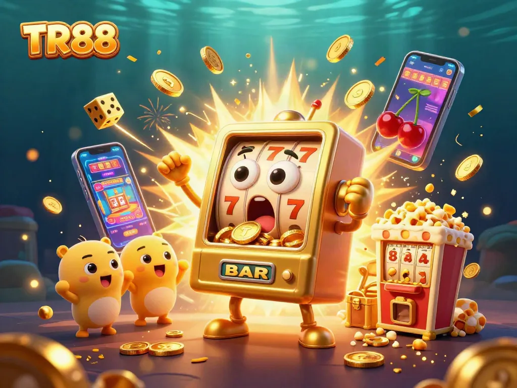 Experience the excitement of TR88 as a golden slot machine hits the jackpot amidst flying coins and vibrant casino elements.