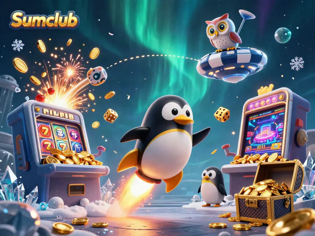 Experience the thrilling casino action with Sumclub, featuring a golden penguin and jackpot explosion.