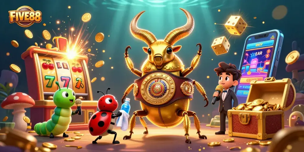 Engage in thrilling games at FIVE88 with vibrant characters and a bustling casino atmosphere.
