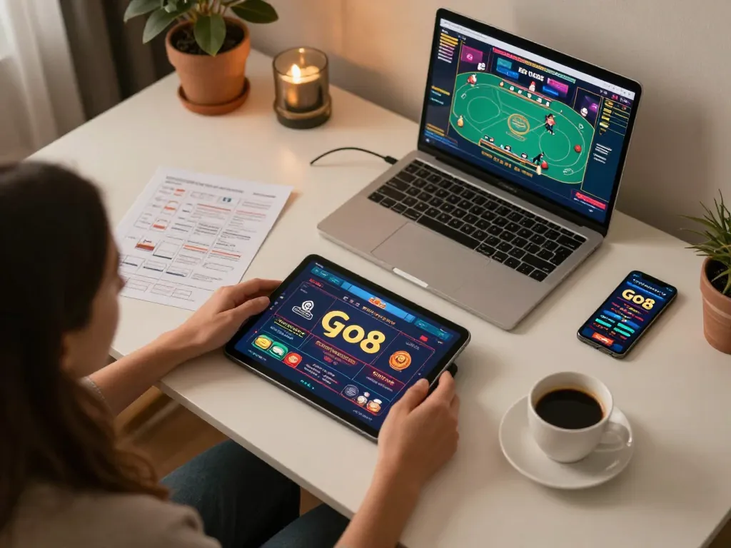 Engage with Go8 gaming on a tablet surrounded by strategy notes in a cozy home environment