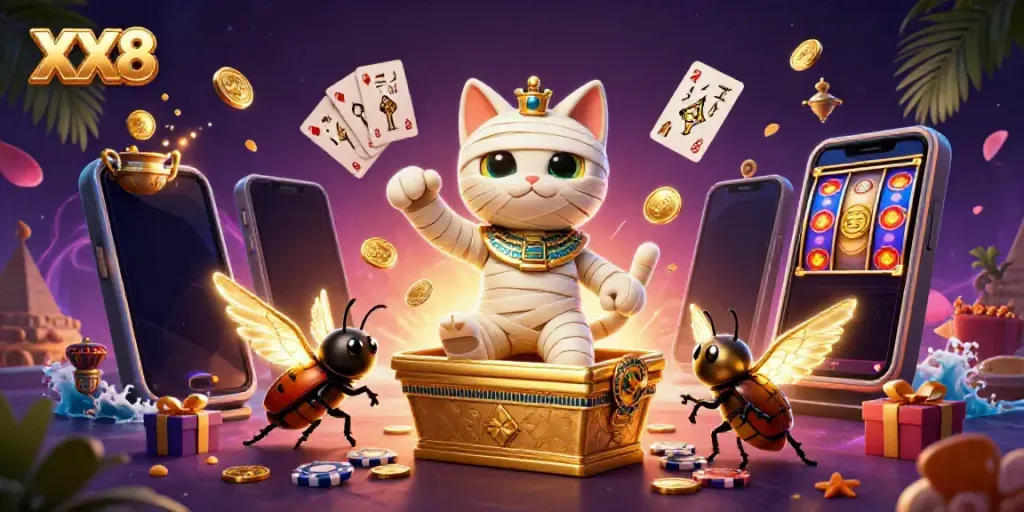 Experience the thrilling world of XX8 with a vibrant casino scene featuring a cartoon mummy cat and golden elements.