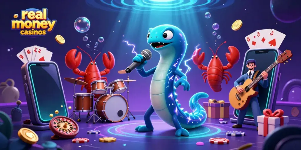 Engage with real money casinos in an electrifying and vibrant underwater casino scene with animated characters.