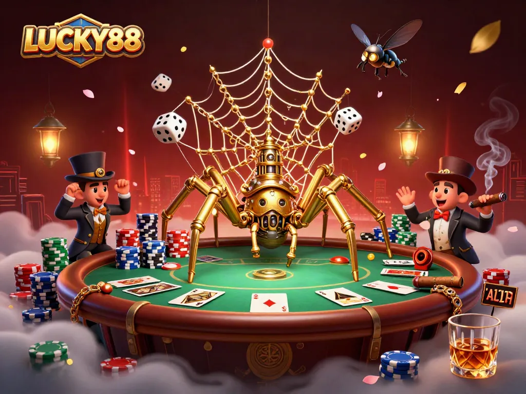 LUCKY88 showcases a whimsical steampunk spider catching dice in a vibrant casino scene.