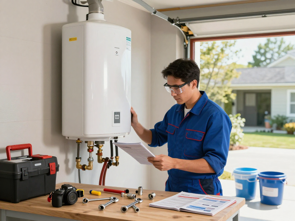 Expert plumber performing water heater repair Fort Worth in home garage, tools and equipment visible.