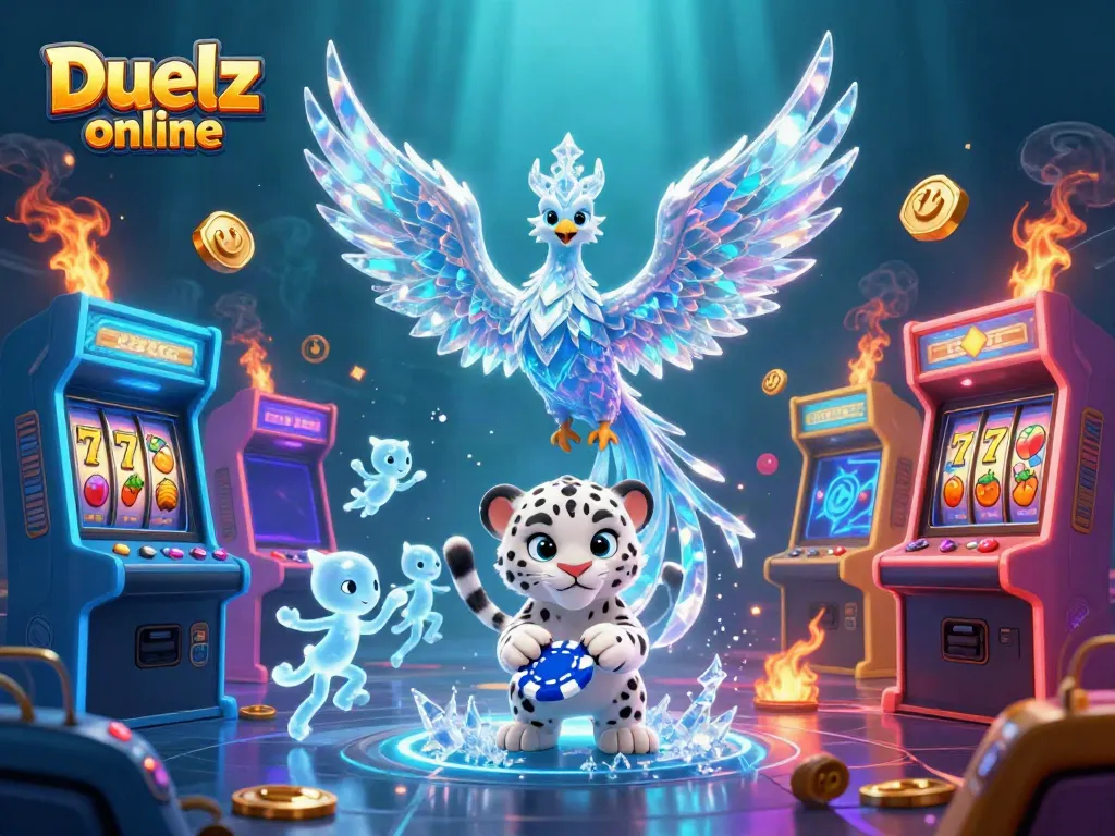 Duelz online features a magical scene with an ice phoenix, a playful snow leopard, and glowing sprites around vibrant casino elements.