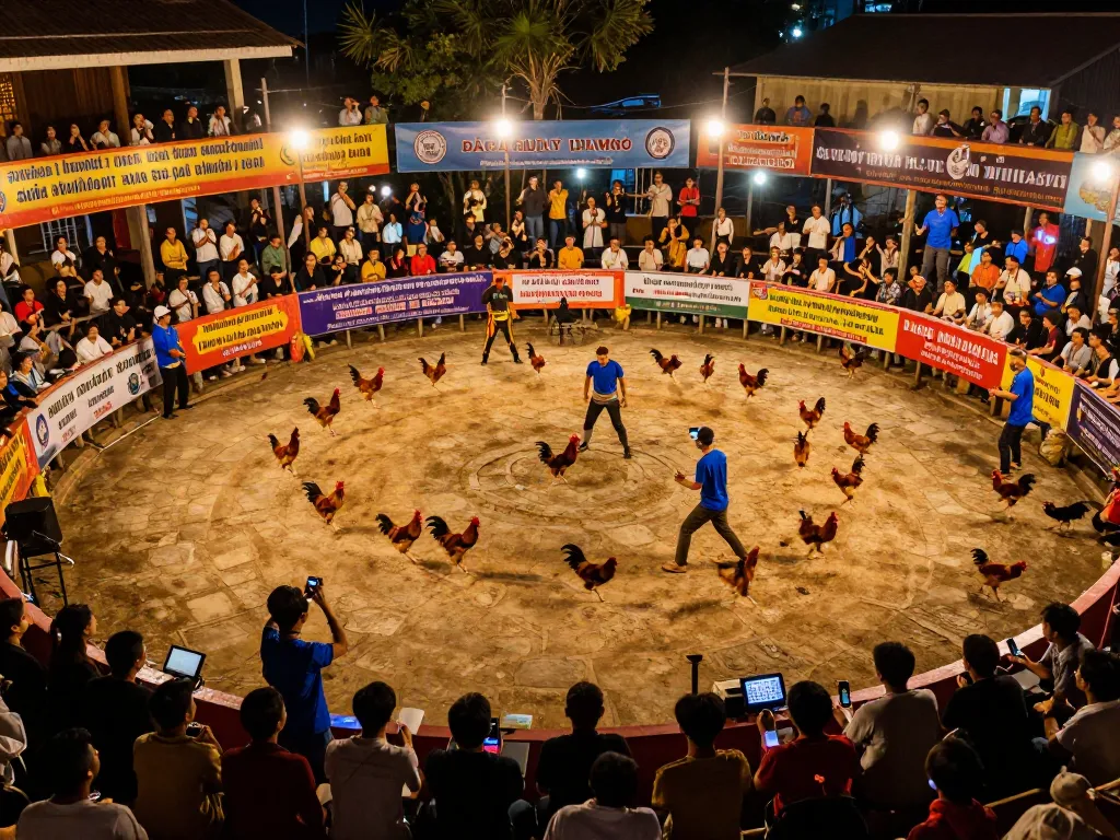 View of Đá Gà Thomo cockfighting event, showcasing roosters in action surrounded by cheering fans