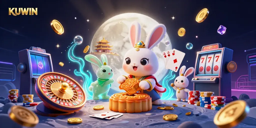 Experience the excitement at KUWIN with a vibrant 3D casino illustration featuring lucky charms, poker elements, and casino games.