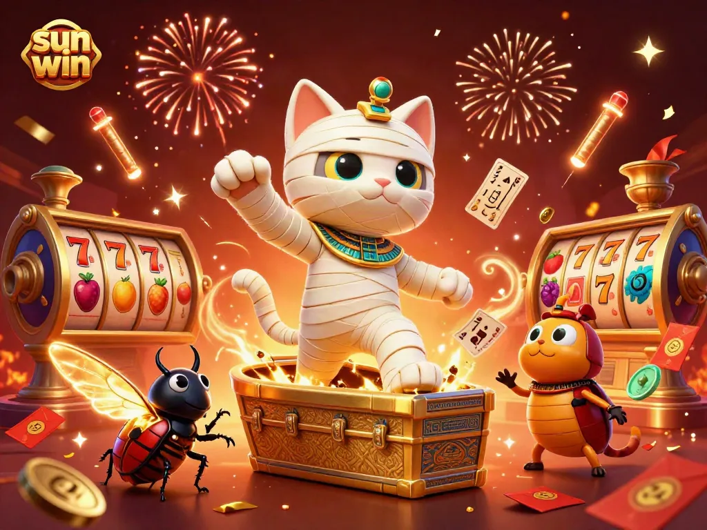 Spin to win at sun win with a vibrant 3D casino scene featuring a mummy cat and golden elements.