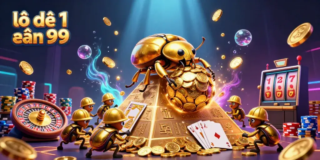 Experience lô đề 1 ăn 99 excitement with a golden dung beetle leading casino-themed treasures in a 3D scene.