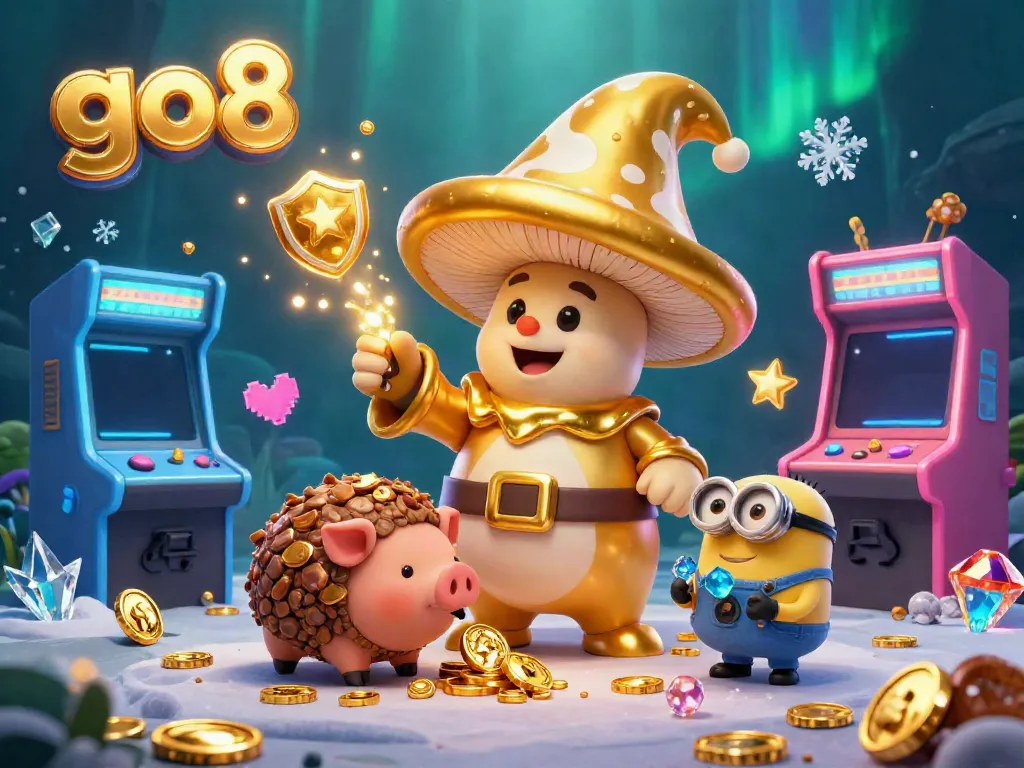 Experience the excitement of go8 with a vibrant 3D illustration featuring magical characters amidst casino themes.