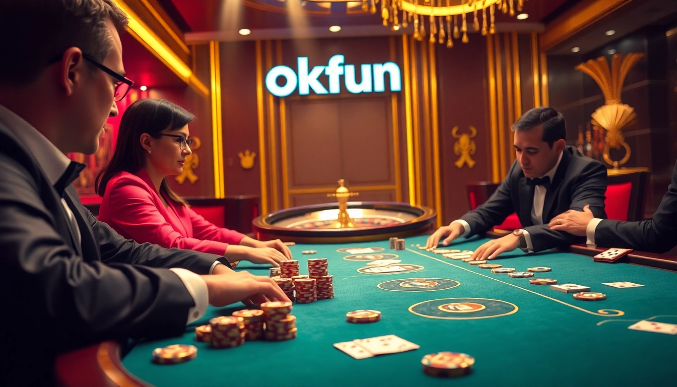 Engaged players at a luxurious Okfun casino table enjoying poker under exciting lights.
