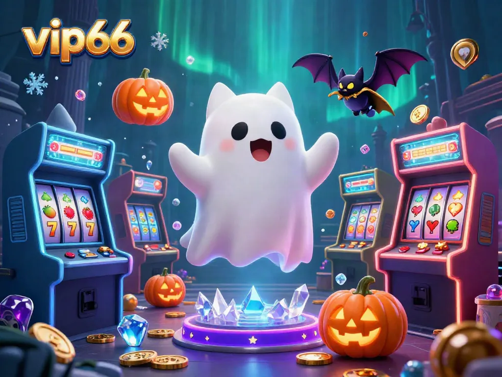 Experience thrilling action at vip66 casino with a ghost cat, bat, and glowing pumpkins.