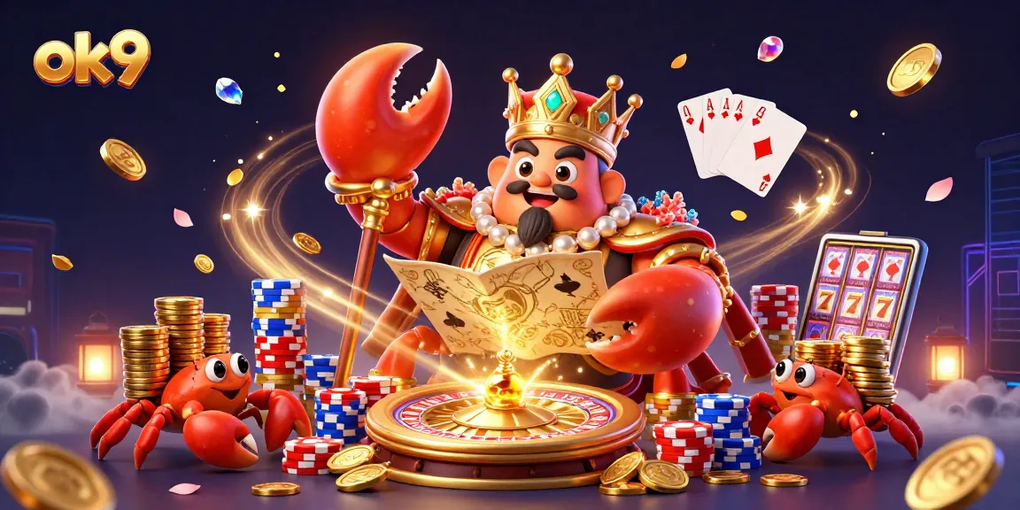 Play exciting games at ok9 with golden crab emperor and rich casino elements in vibrant illustration.