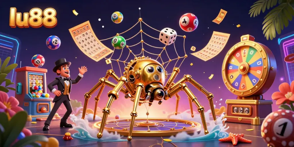 Engage with the thrilling essence of lu88, highlighted by a 3D spider weaving a web of golden chains in a vibrant casino setting.