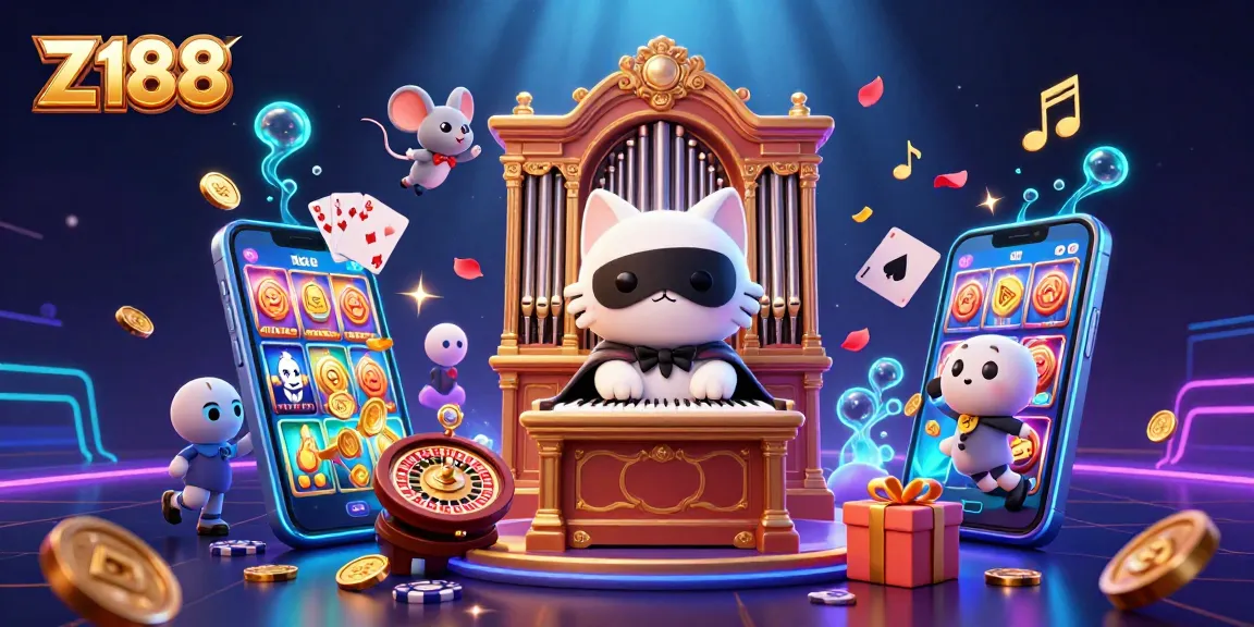 Z188 engages with vibrant slots as a phantom cat plays a grand organ amidst casino excitement