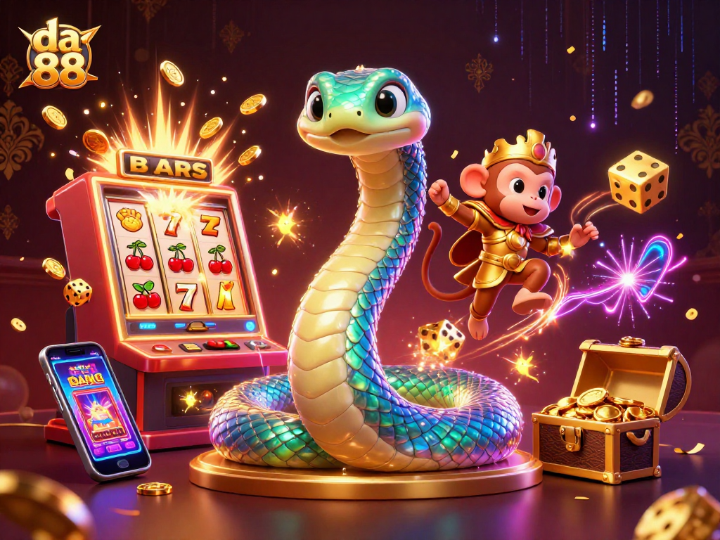 Experience da 88 with vibrant 3D casino action, featuring slot machines and playful characters.